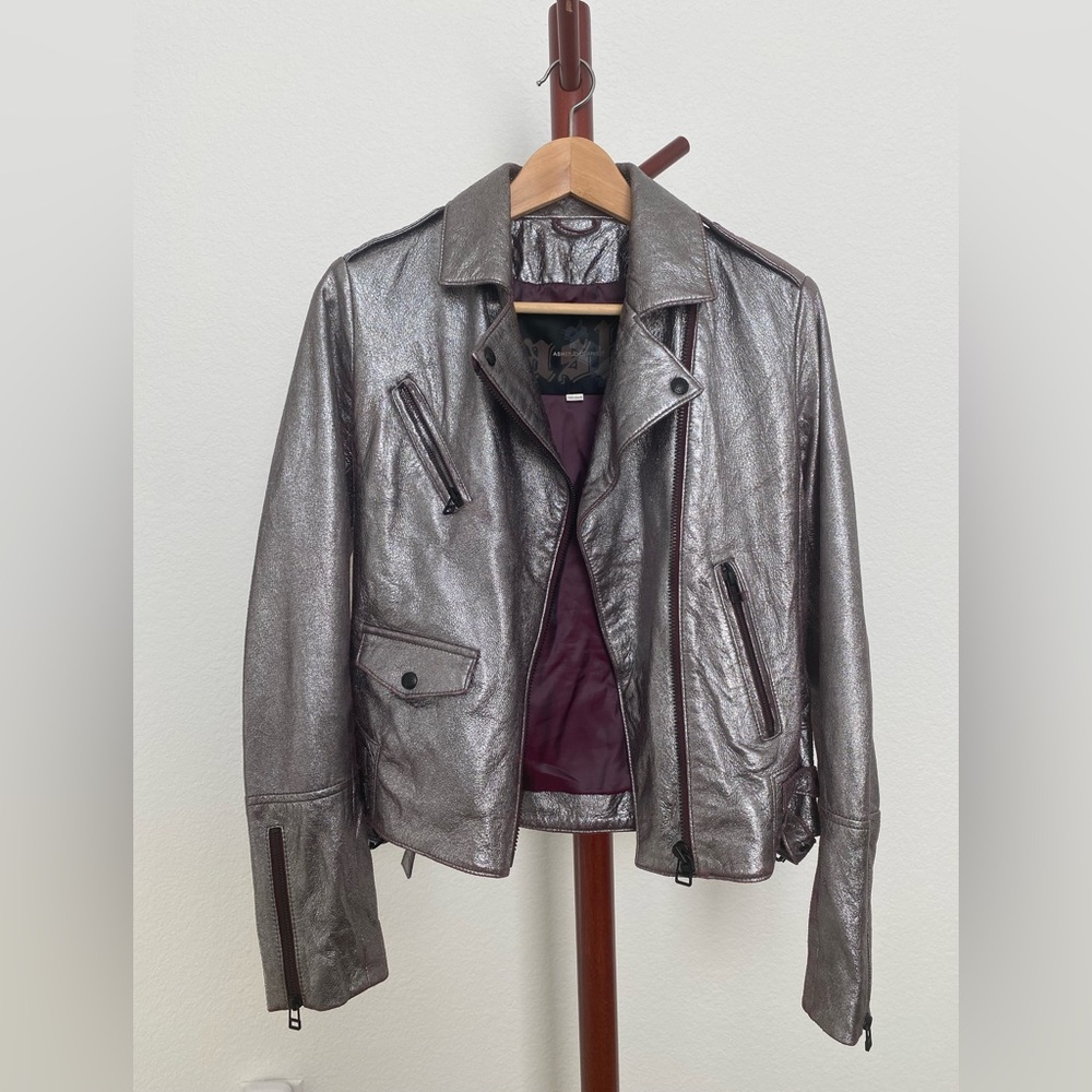 ASHSTUDIOPARIS Metallic Crackle Silver Purple Leather Moto Jacke